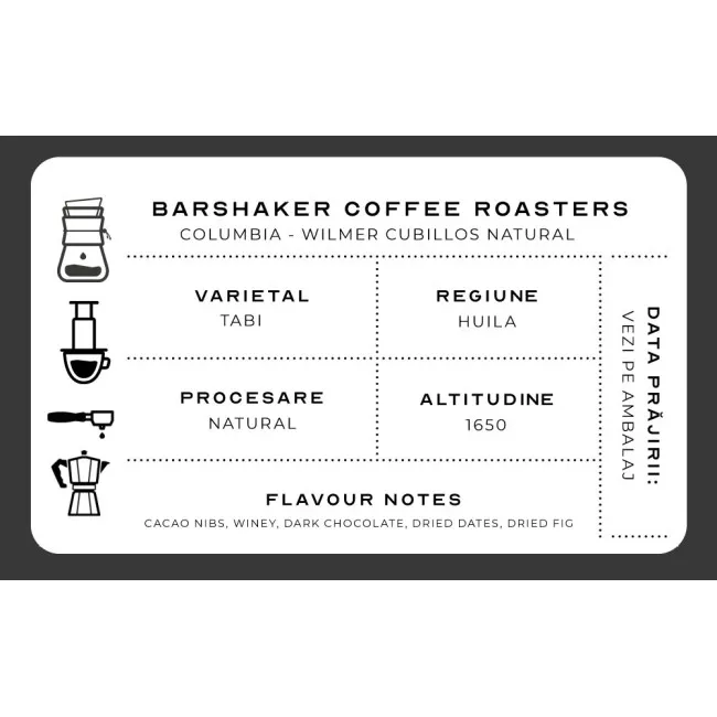 Barshaker Coffee Roasters Colombia Wilmer Cubillos Natural szemes kávé csomagolása, 250g