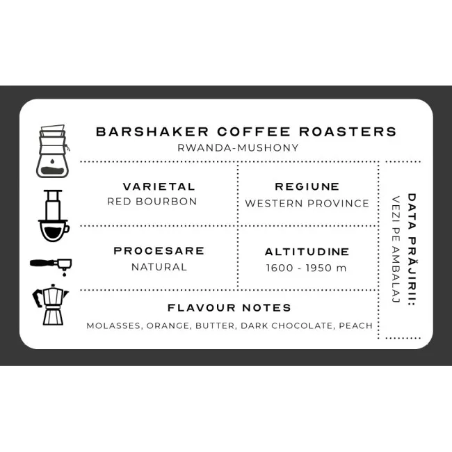 Barshaker Coffee Roasters Rwanda Mushonyi Natural Omniroast kávé csomagolása 250g