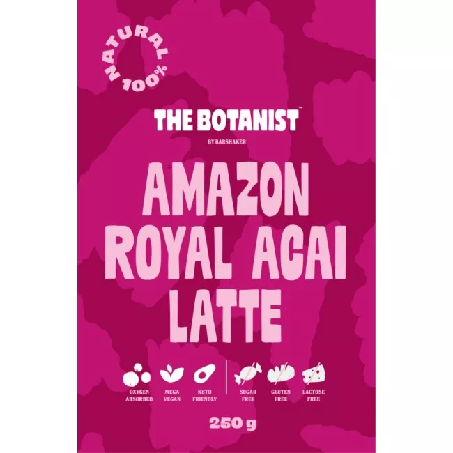 Amazon Royal Acai Latte 250g termékcsomagolás, lila színű bio fagyasztva szárított acai latte por a The Botanist by Barshaker márkától