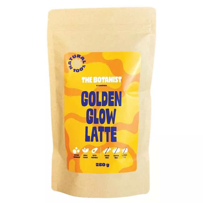 Golden Glow Latte por alakú ital csomagolása a The Botanist márkától, 250g kiszerelésben