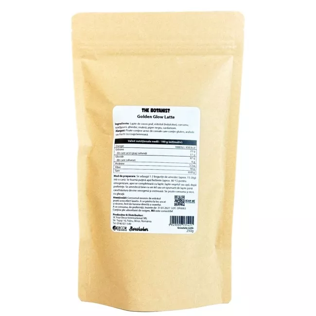Golden Glow Latte por alakú ital csomagolása a The Botanist márkától, 250g kiszerelésben