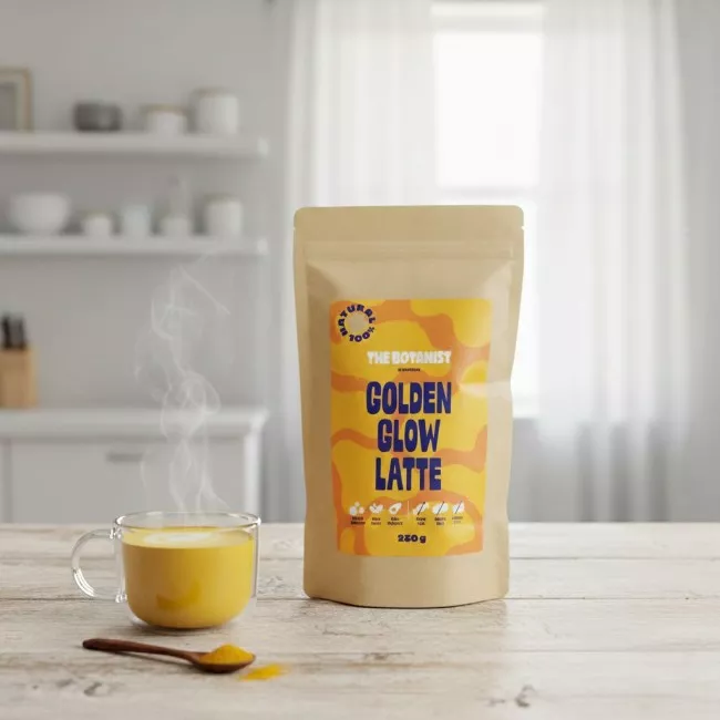 Golden Glow Latte por alakú ital csomagolása a The Botanist márkától, 250g kiszerelésben