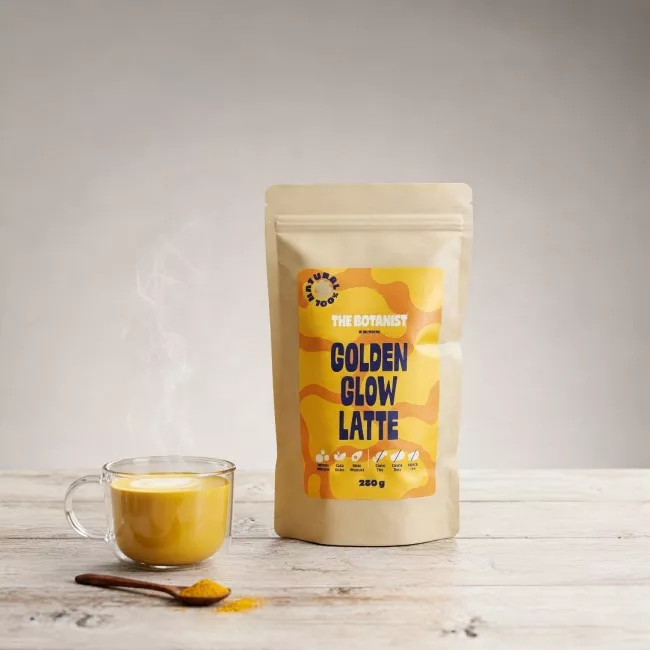 Golden Glow Latte por alakú ital csomagolása a The Botanist márkától, 250g kiszerelésben