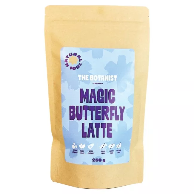 Magic Butterfly Latte por The Botanist márkától, elektromos kék színű ital pohárban