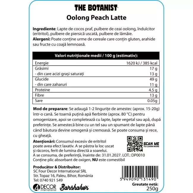 Oolong Peach Latte por 250g kiszerelésben, The Botanist by Barshaker csomagolással