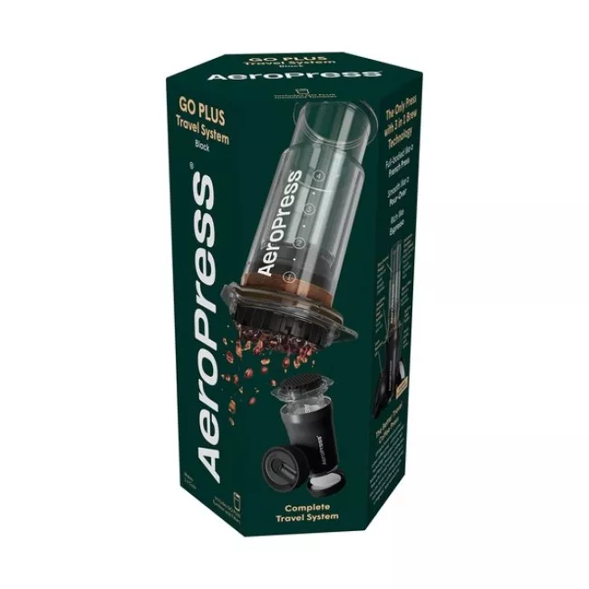 AeroPress GO Plus fekete kávéfőző szett vákuumszigetelt tumbler pohárral