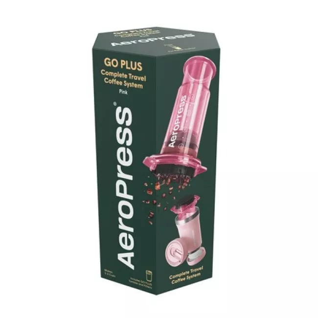 AeroPress GO Plus rózsaszín hordozható kávéfőző szett vákuumszigetelt tumblerrel