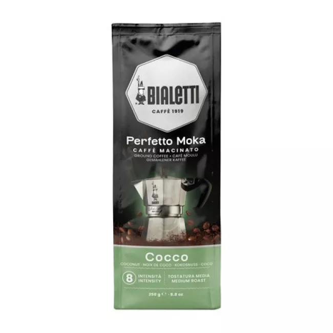 Bialetti Perfetto Moka Cocco kókuszos őrölt kávé 250 g csomagolása