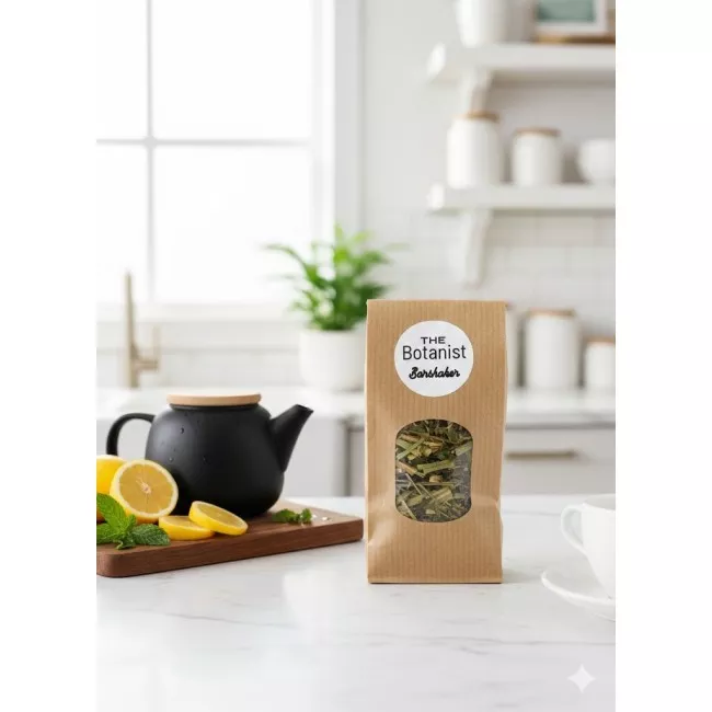 Ginger Zen tea csomagolása a The Botanist márkától, zöld tea gyömbérrel és citrusjegyekkel