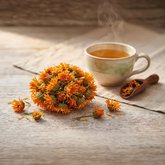 Szárított körömvirág egész virágfejek üvegben, Calendula officinalis a The Botanist Garden by Barshaker termékvonalból