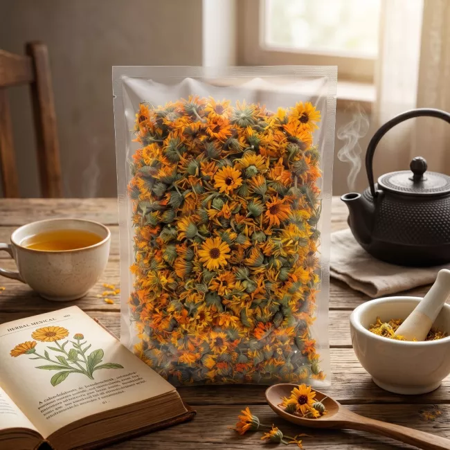 Szárított körömvirág egész virágfejek üvegben, Calendula officinalis a The Botanist Garden by Barshaker termékvonalból