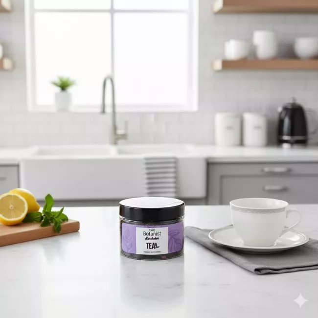 The Botanist Plum Essence fekete tea csomagolása 50g kiszerelésben