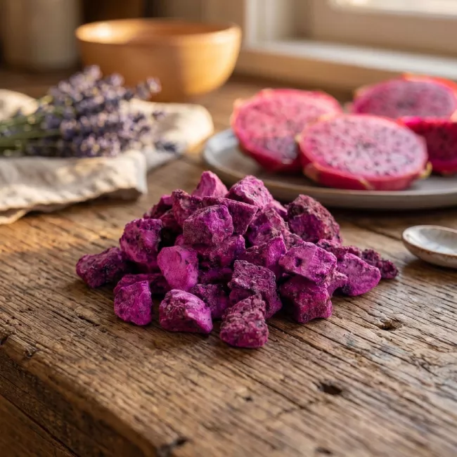 Liofilizált vörös pitaya húsdarabok The Botanist by Barshaker, intenzív magenta színű dragon fruit darabok vörös hússal és ropogós fekete magvakkal, liofilizálva minusz 40 fokon, hozzáadott cukor és színezőanyag nélkül