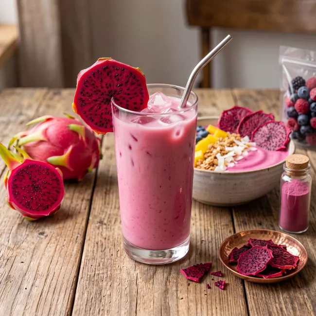 Piros húsú szárított pitaya szeletek fekete magvakkal, mélybordó színben