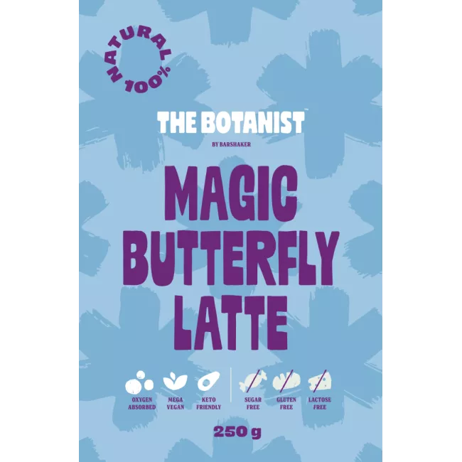 Magic Butterfly Latte por The Botanist márkától, elektromos kék színű ital pohárban