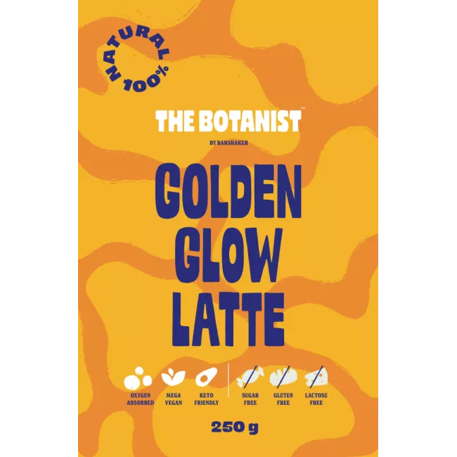 Golden Glow Latte por alakú ital csomagolása a The Botanist márkától, 250g kiszerelésben