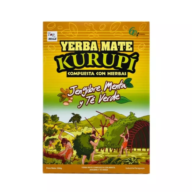 Kurupi Jengibre Menta y Té Verde Yerba Mate 500g csomagolása