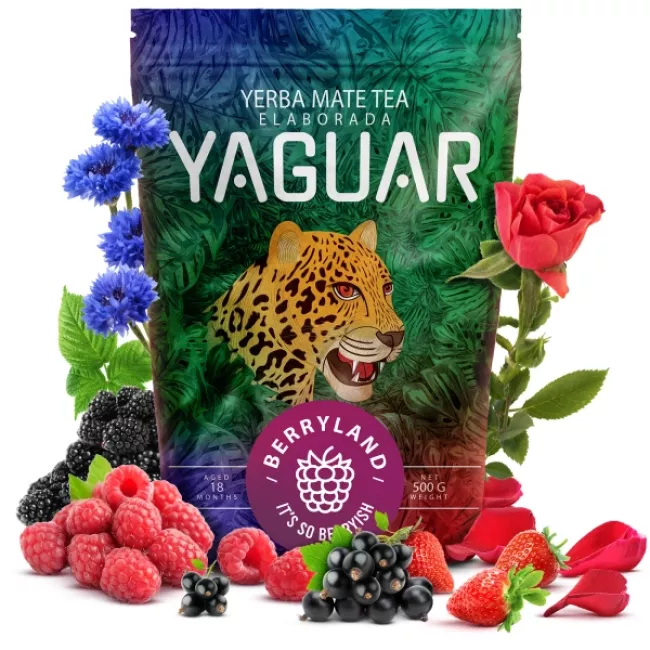 Yaguar Berryland 0.5kg yerba mate tea csomagolása erdei gyümölcs ízesítéssel