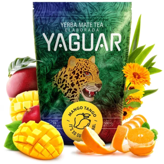 Yaguar Mango Tango 0,5kg yerba mate tea csomagolása