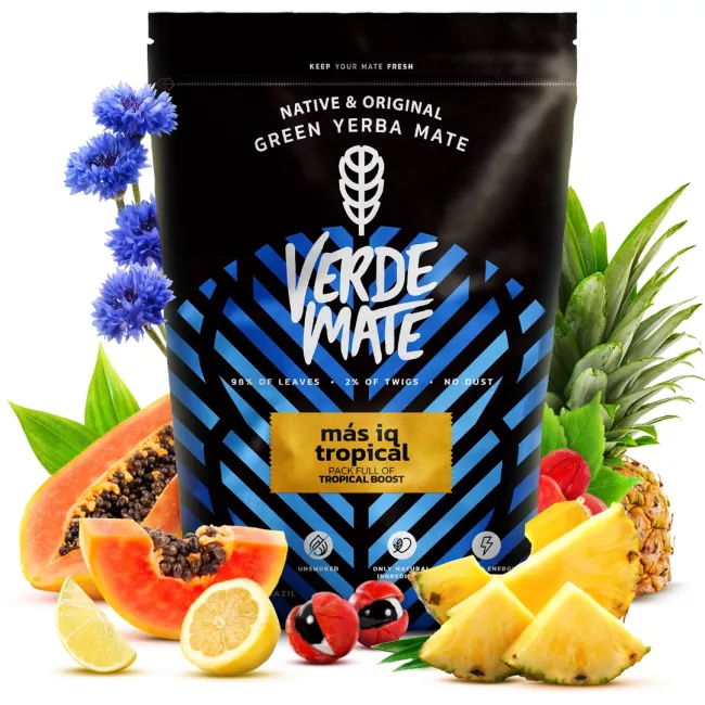 Verde Mate Green Más IQ Tropical mate tea csomagolása, 0.4kg kiszerelésben