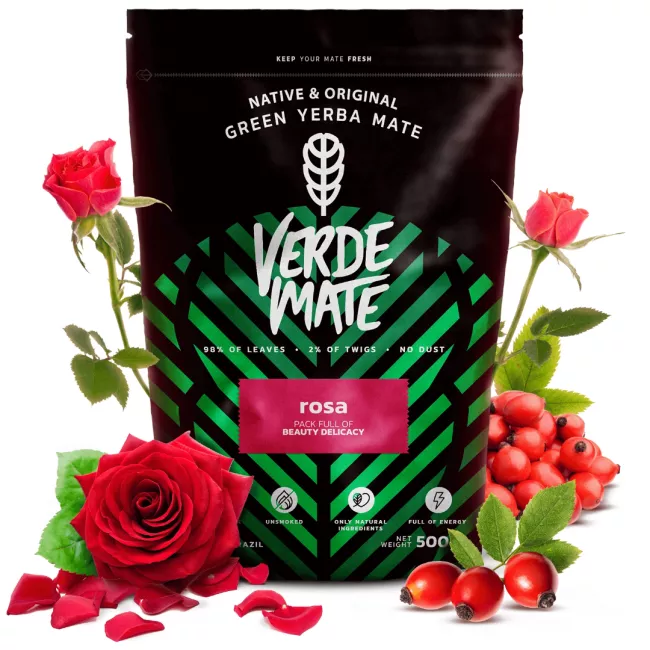 Verde Mate Green Rosa 0.5kg yerba mate csomagolása rózsaszirmokkal
