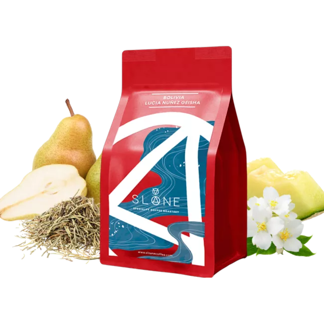 Sloane Bolívia Lucia Nunez Geisha Washed Omniroast 200g kávé csomagolása